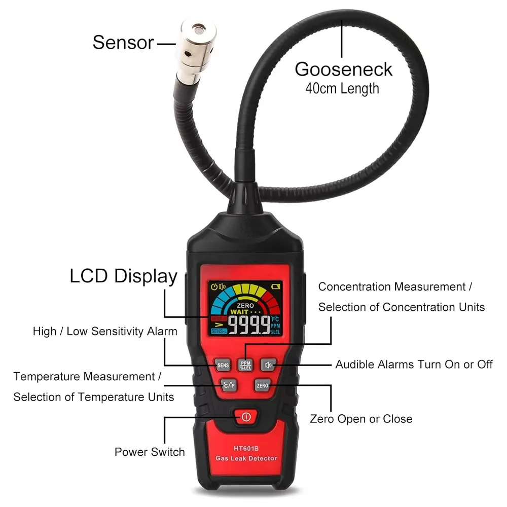 40cm Flexible Probe Combustible Gas Leak Detector Analyzer Tester with Digital and Analog Displaying