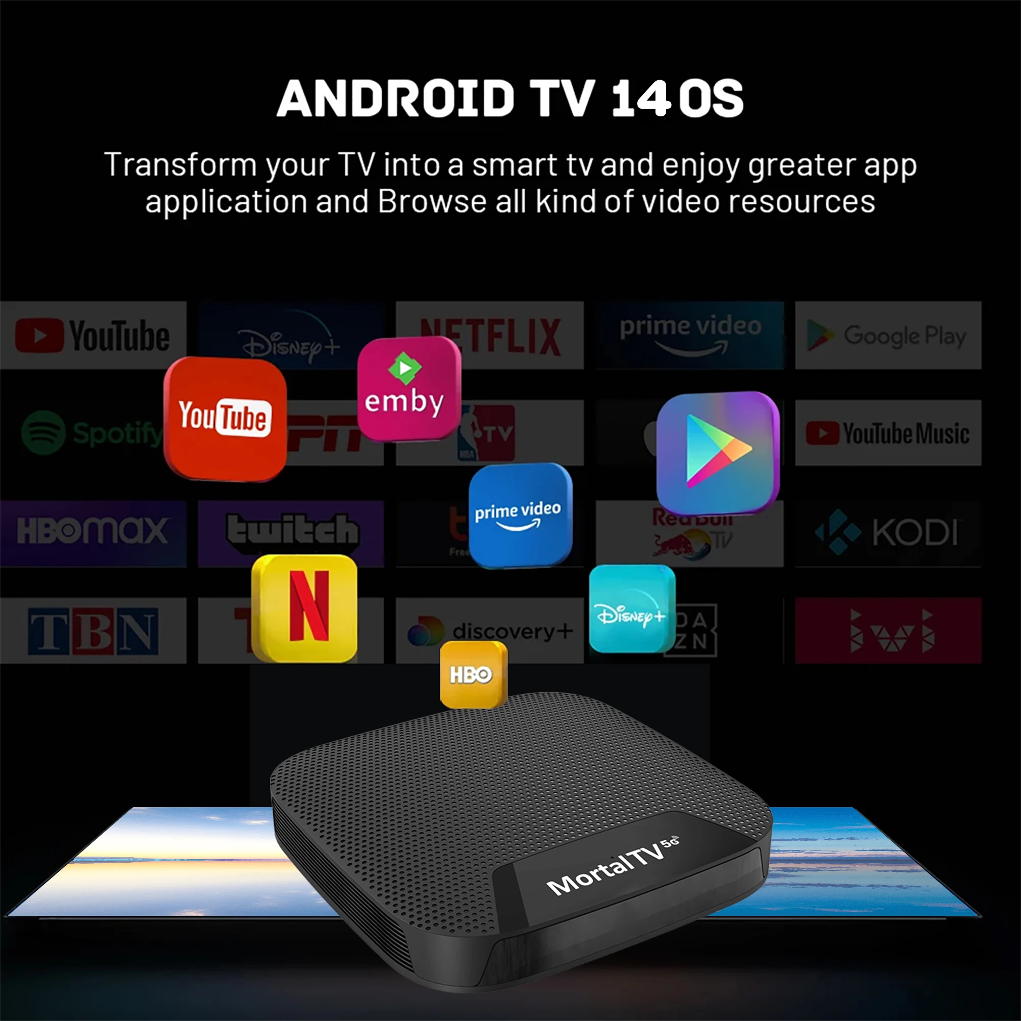 MORTAL T4 Smart TV Box Streaming Media player Global Version Android14 Dual 2.4G5GWifi 4K HDR10 Quad Core Bluetooth  Youtube