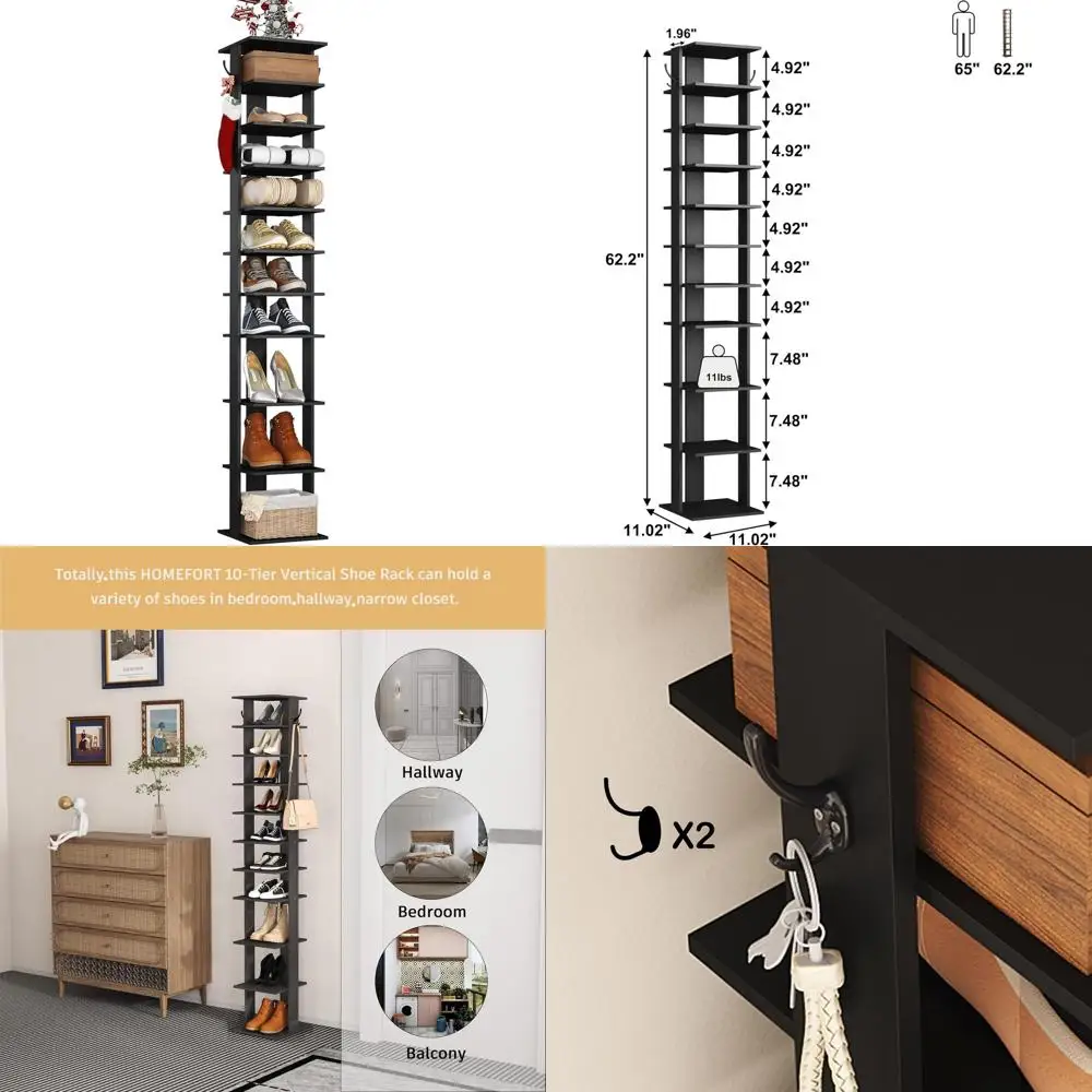 

10-Tier Wooden Shoe Rack, Slim Storage Tower with Hanging Hooks for Entryway, Hallway, Closet (Black)