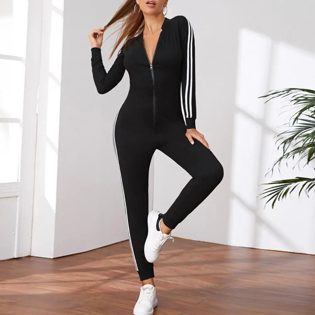 Autumn Winter Women Yoga Jumpsuit Body Shaping Striped Zipper Closure Lady Bodysuit Long Sleeves Seamless Body Sculpting Outfit