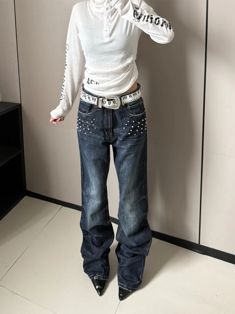 Retro Large Size Bell Bottom Jeans Women's Straight Leg Floor Length Trousers Washed Denim Slimming High Waist Rivet Detail