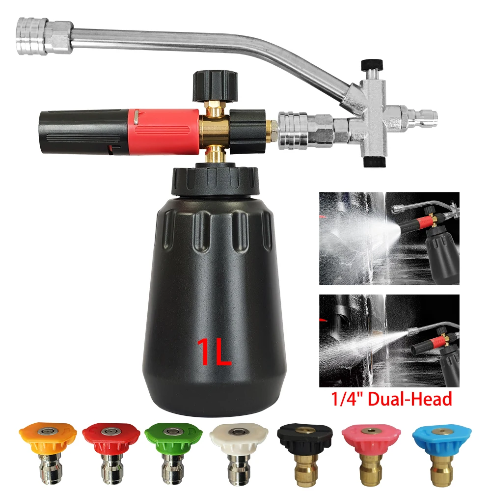 

New 1L Snow Foam Lance Car Pressure Washers Tools Soap Foam Generator 1/4" Dual-Head Connector, with 7 Adjustable Sprayer Nozzle