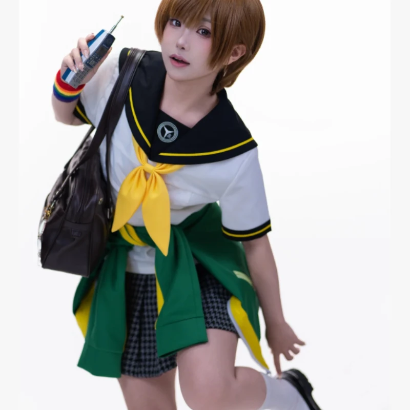 Persona 4 Chie Satonaka Cosplay Costume School Uniform Green Jacket Pleated Skirt Ribbon For Women Halloween - view 6