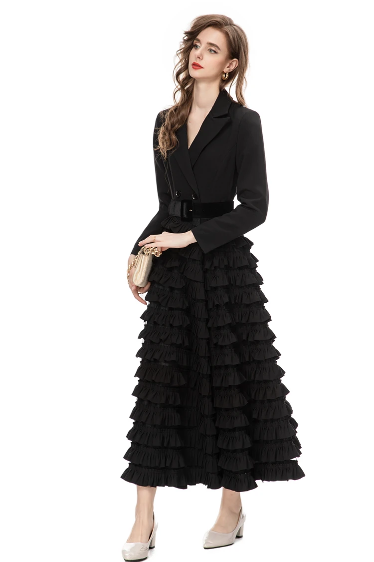 Vestido de passarela feminino com gola entalhada, mangas compridas, babados em camadas, patchwork, festa elegante, vestidos de baile