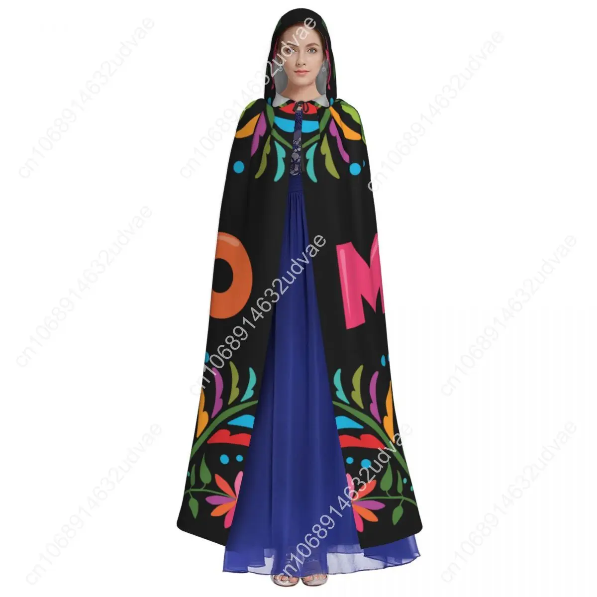 Colorful Mexican Traditional Pattern Hooded Cloak Polyester Unisex Witch Cape Costume Accessory