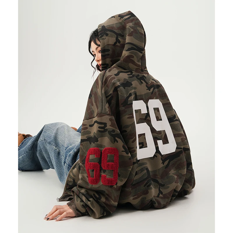 American High Street Camouflage Hoodie Women's Autumn Winter New Hiphop Camouflage Embroidered Letter Hoodie Trendy Coats
