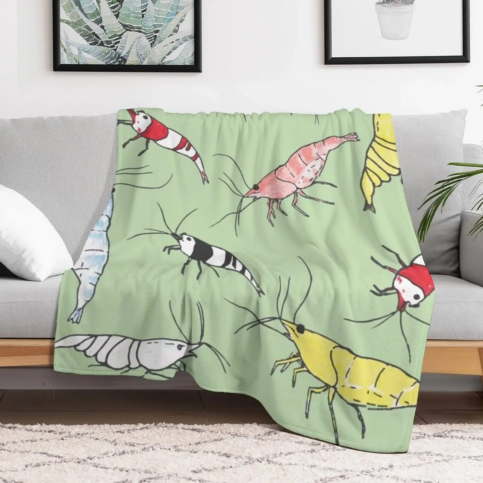 Fancy Aquarium Shrimp Pattern Throw Blanket Warm Flannel Blanket for Couch Chair Bedroom