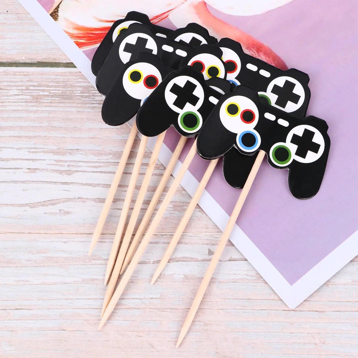 24 PCS Ingredients Child Theme Party Muffin Pick Bamboo Video Game Controller Cupcake Topper Dessert Cards for Children