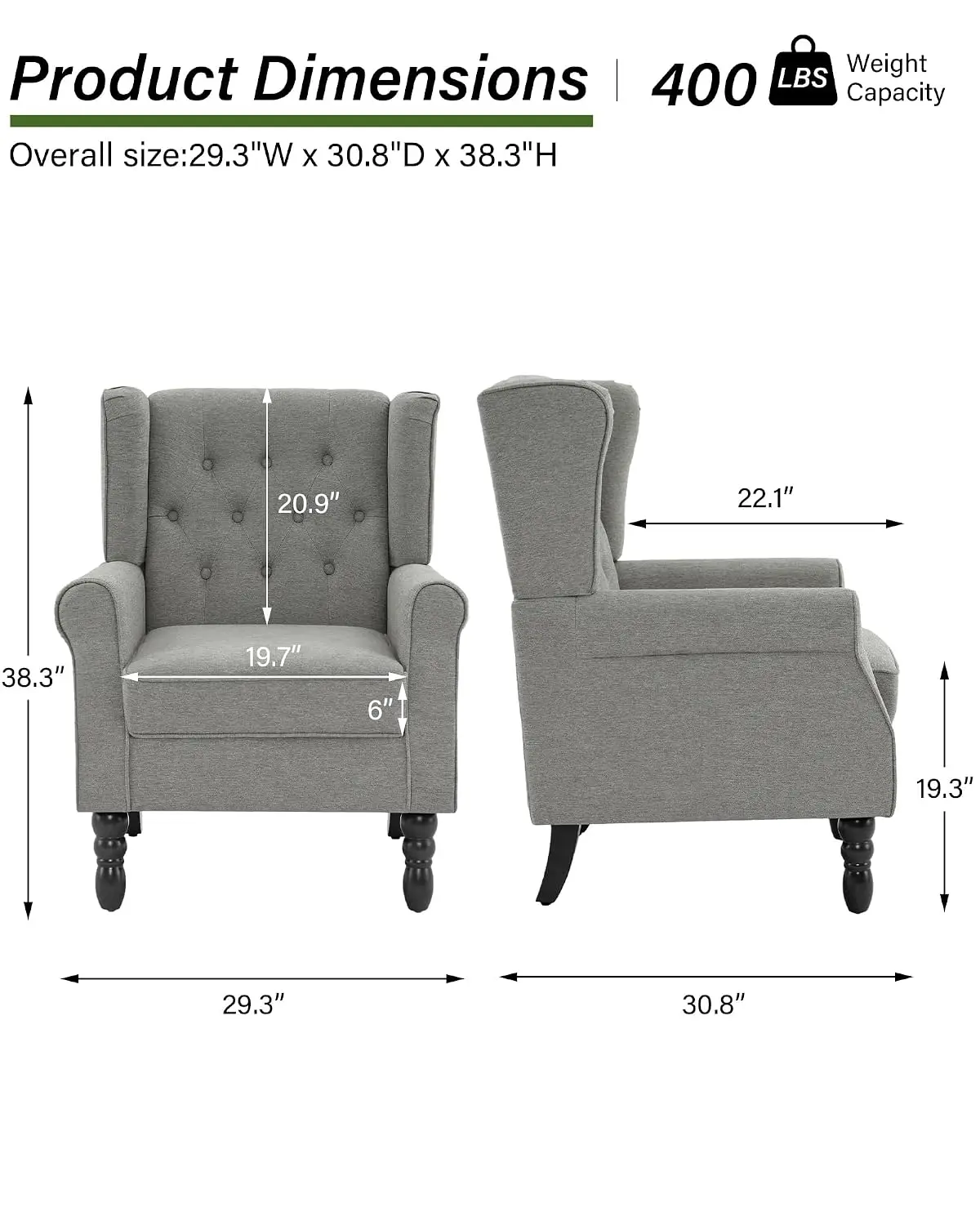 Button Tufted Wingback Accent Chair Set of 2 Light Grey, Customized