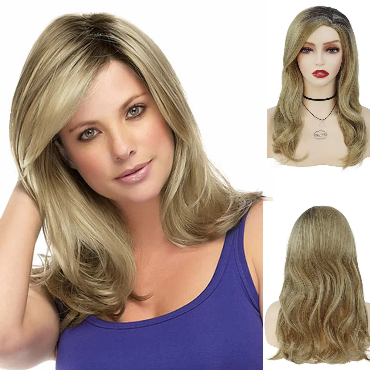 

Blonde Curly Wig for Women Synthetic Hair Long Wigs Ombre Blond Color Natural Hairstyles Drag Queen Costume Black Roots Wavy Wig