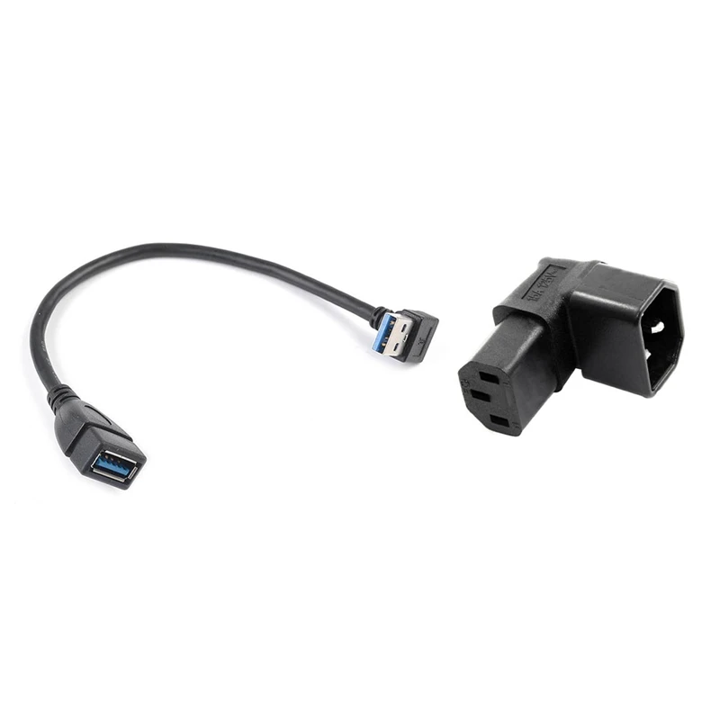 1 Pcs IEC Male C14 To Up Right C13 Power Extension Adapter & 1 Pcs USB 3.0 Angle 90 Degree Extension Cable