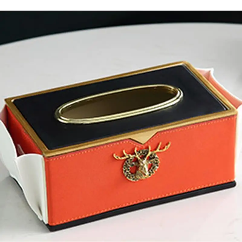 Resin Leather Rectangular Tissue Box Metal Deer Decoration Multifunction Remote Control Storage Napkin Holder Boxes