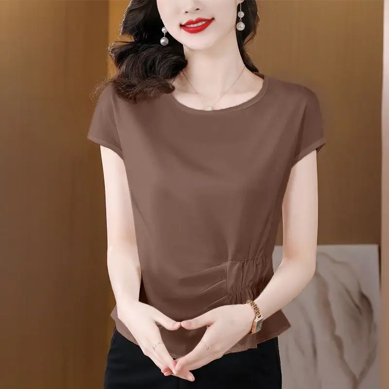 Korean Atmosphere Simplicity Fashion Summer Short Sleeved T-Shirts Women\'s Round Neck Solid Satin Folds Patchwork Slim Waist Top