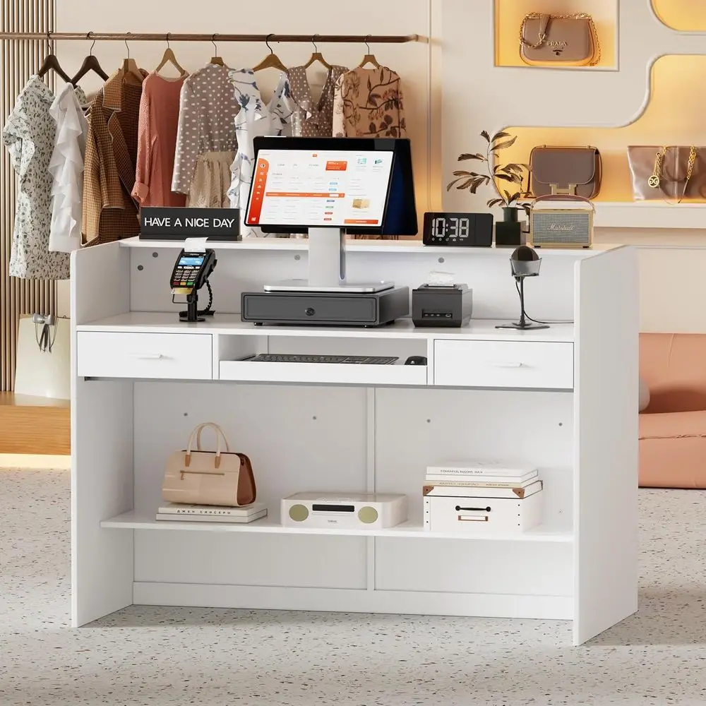 Reception Desk with Counter for Retail & Checkout,Modern Front Desk Reception Room Table with Outer Display Rack, 47.7 inch Reta