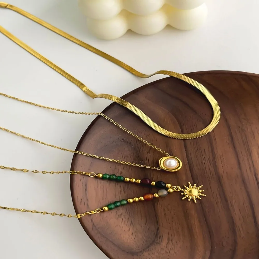 Imitation Pearl Natural Stone Sunflower Pendant Necklace Women's Stainless Steel Flat Snake Chain Stackable Jewelry image 3