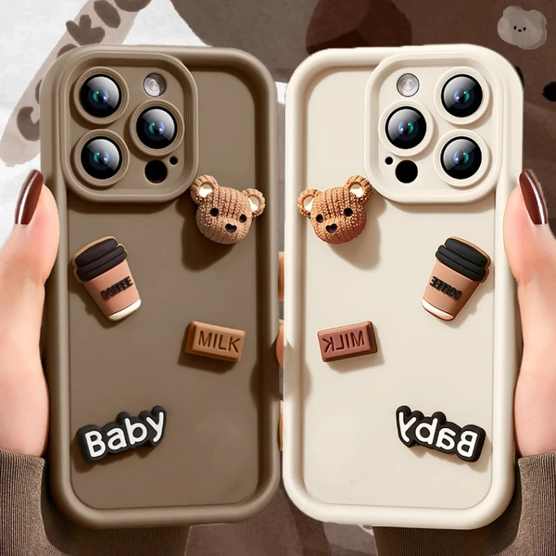 For iPhone 15 Case 3D Coffee Bear Silicone Phone Cover for iPhone 15 14 13 12 11 Pro Max XR XS X 8 7 Plus SE 2020 Candy Cover