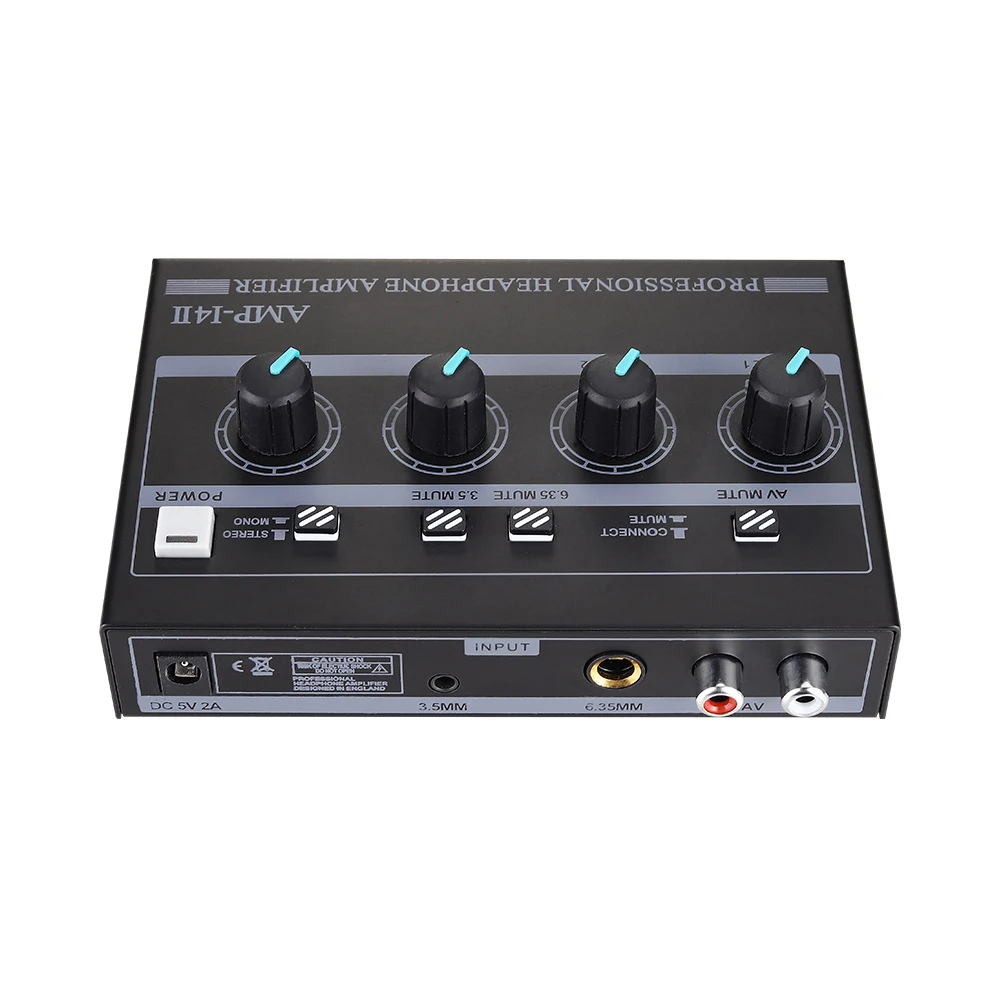 4-Channel Stereo Headphone Amplifier Independent Volume Control With Power Adapter For Charging Audio6.35mm 3.5mm  Stereo Mixer