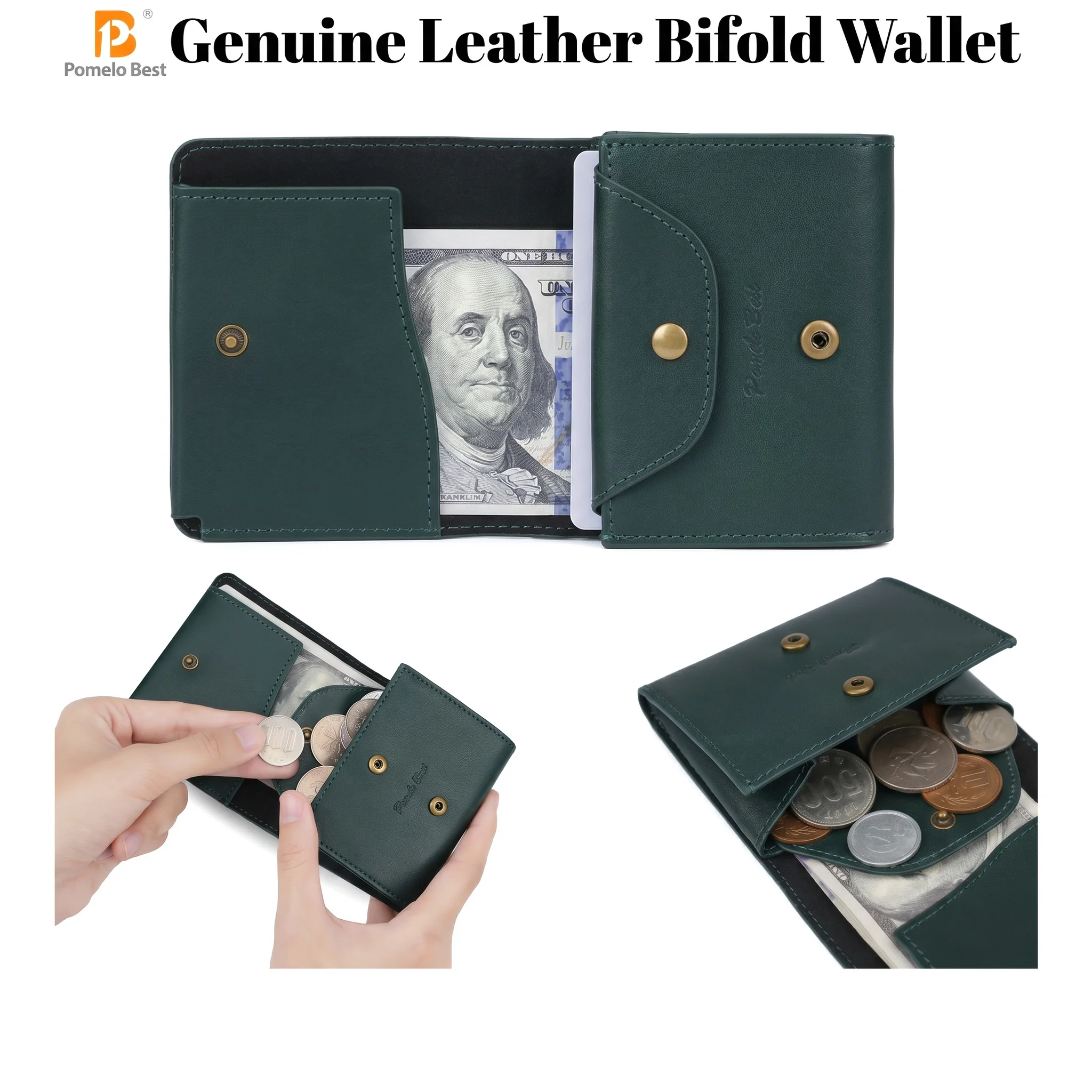

Pomelo Best Slim Genuine Leather Bifold Wallet RFID Blocking Multi Card Slots Coin Pocket Snap Button Casual Daily Unisex Purse