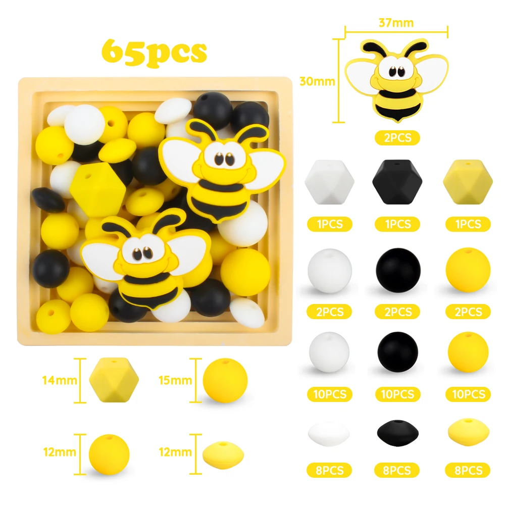 65Pc/Set Baby Silicone Beads Cute Bees Cartoon Teether Teething Bead for Pacifier Chian Clip Bracelet Necklaces Accessories Gift