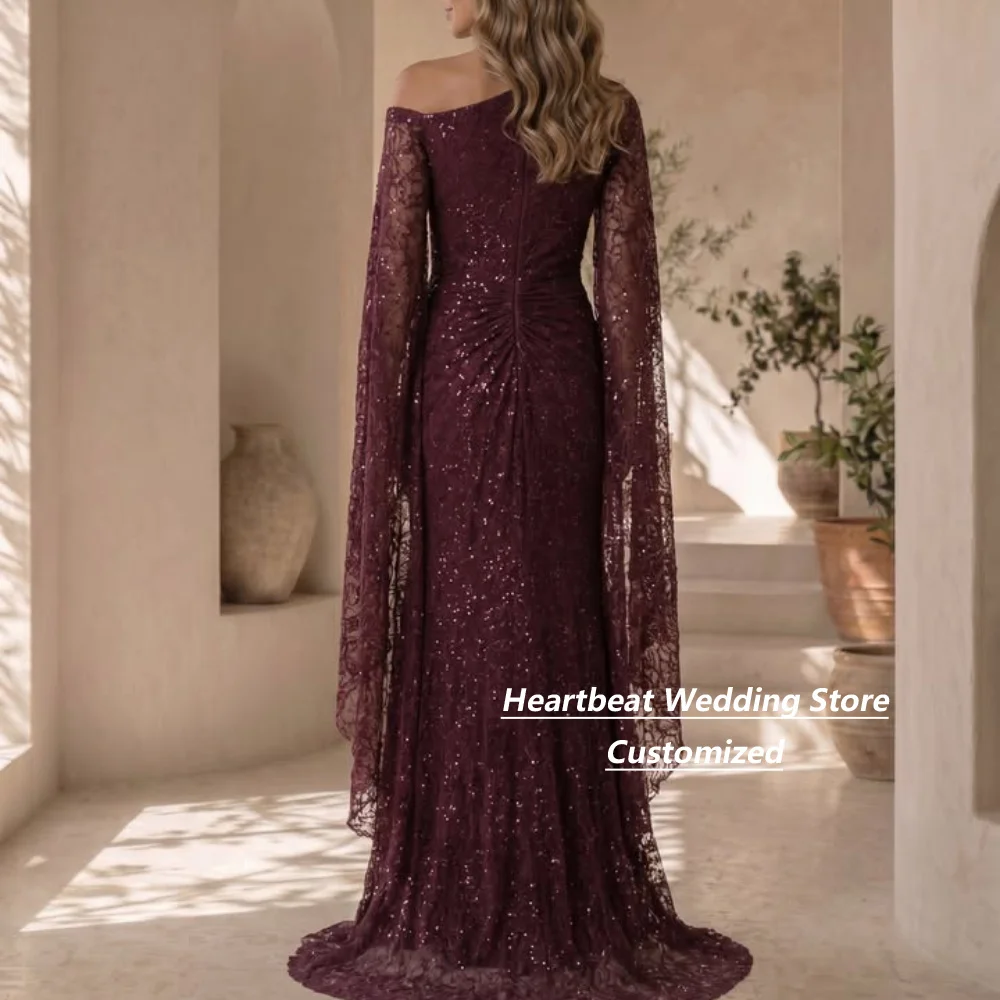 Customized Burgundy Sequin Lace Mother Of Bride Gown One Shoulder Cape Sleeve Mermaid Ruched Floor Length Formal Evening Dress