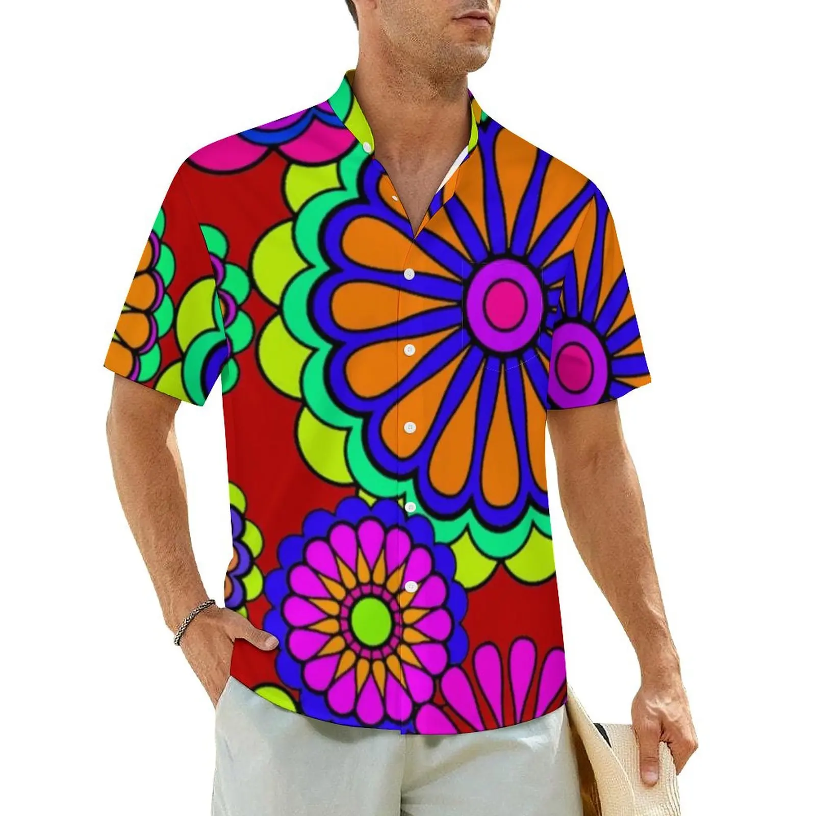 Colorful Peace Retro Hawaiian Shirt For Male Vacation Hippy Flowers Casual Shirts Short-Sleeve Harajuku Elegant Oversize Blouses