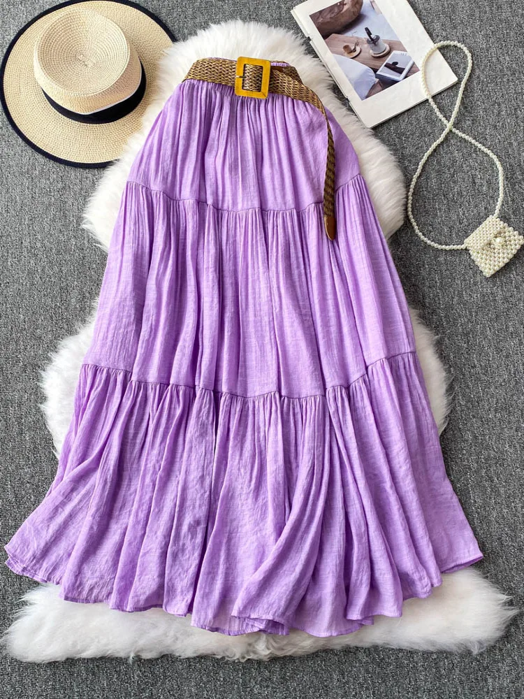 White Casual High Waist Midi Skirt Women's Spring Summer A-Line Cake Skirt Flared Hemline Korean Sle Inner Lined