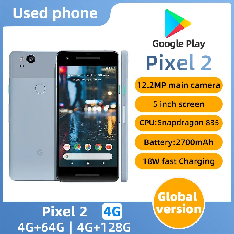 Google-móvil Pixel 2, 4G, 4GB de RAM, 64GB/128GB de ROM, 2700mAh, 12MP, NFC, Original, desbloqueado, 99% nuevo