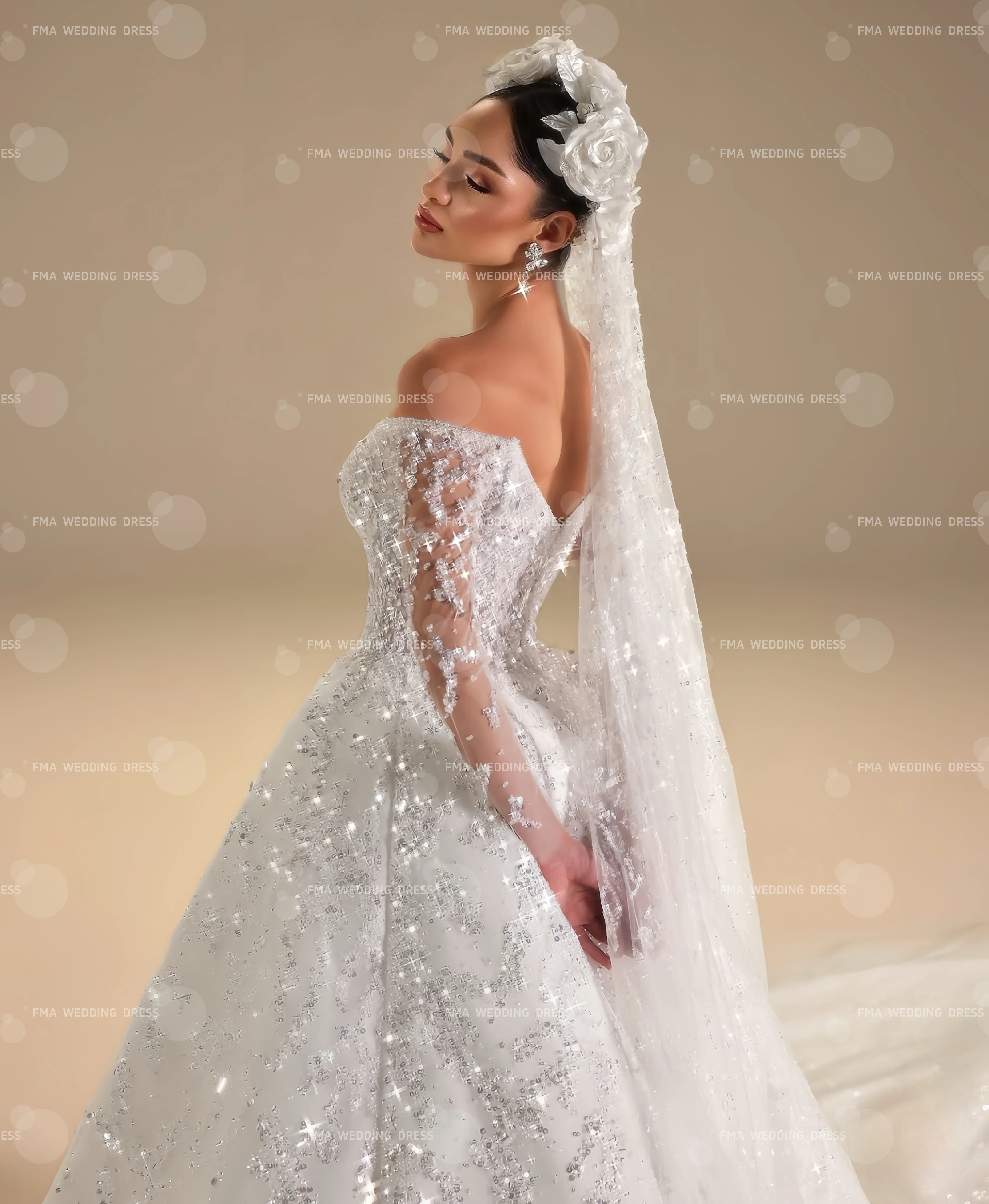 Customzied V-neck long-sleeved Ball Gown beaded wedding dress vestidos de novia amanda novias amanda novias official