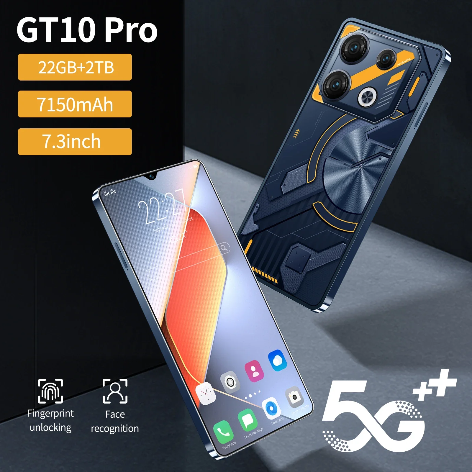 

GT10 Pro Smartphone 7.3 inch Global Version 22G+2TB Android13 72+108MP Cam 4G 5G Dual SIM Cellphone 7150mAh Battery Mobile Phone