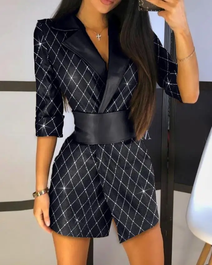 Blazer elegante de cuero Pu con estampado a cuadros para mujer, vestido negro de manga larga con purpurina, color block