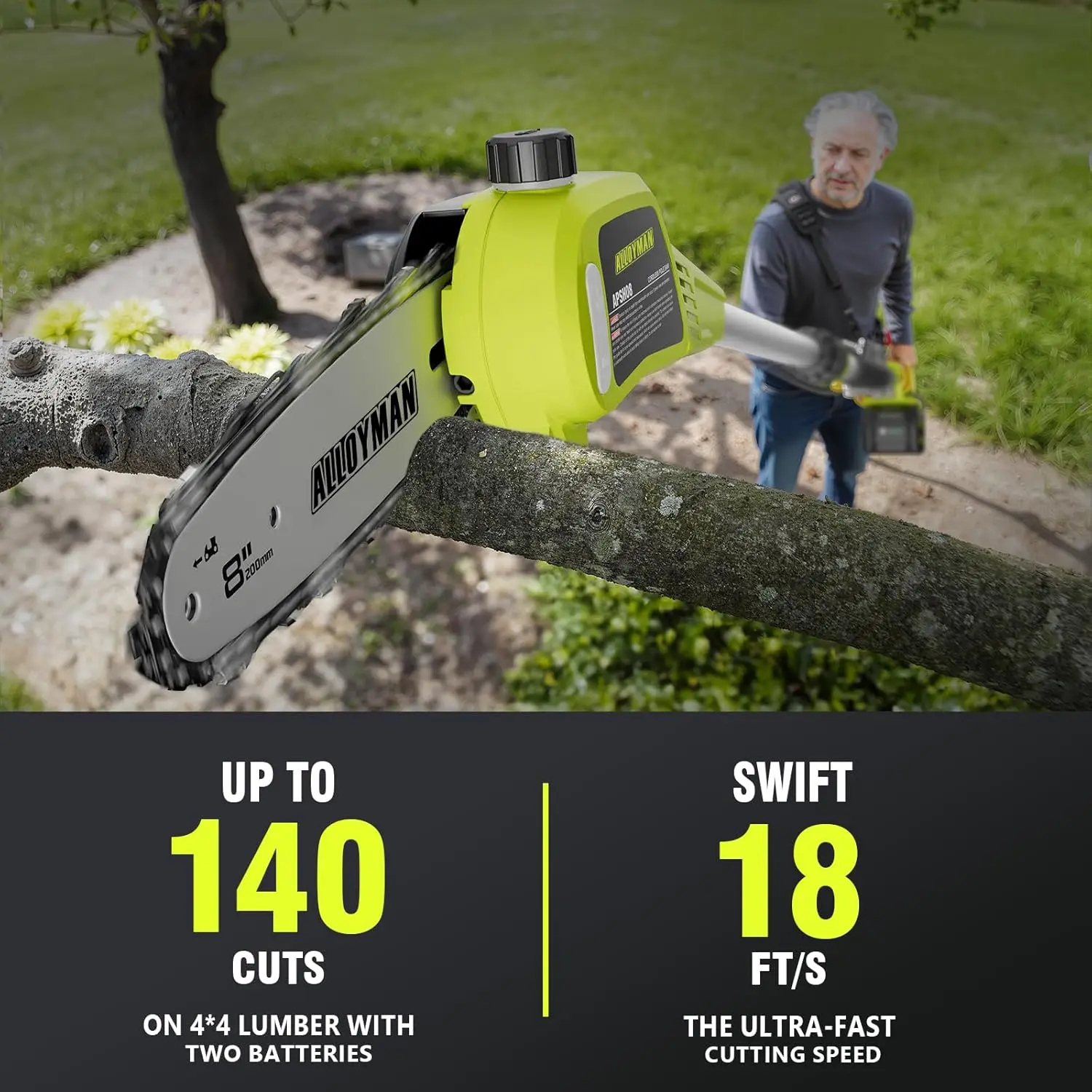

Pole Saw Cordless, 8-Inch Electric Pole Chainsaw for Tree Trimming,Up to 15FT Overhead Reach, 20V Battery Powered Pole Chain Saw