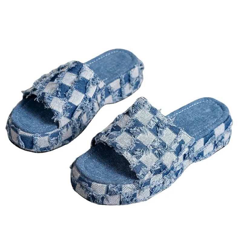 2024 New Platform Slippers Women\'s One-line Denim Sandals Large Size Outside Wear