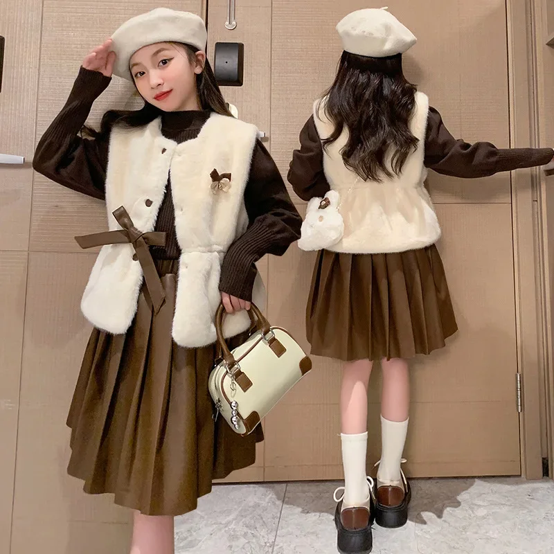 Korean Winter School Girl 3-Piece Suit Teenager Girl Kintwears Top+thicken Anti Fur Vest+Pleated Skirt Sets For Girls 4-12Years