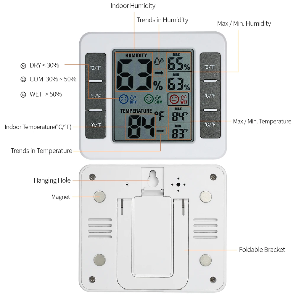 Termometr wewnętrzny Hyygrometer cyfrowy wyświetlacz LCD termo-higrometr miernik wilgotności temperatury z maksymalną wartość Min wyświetlacz