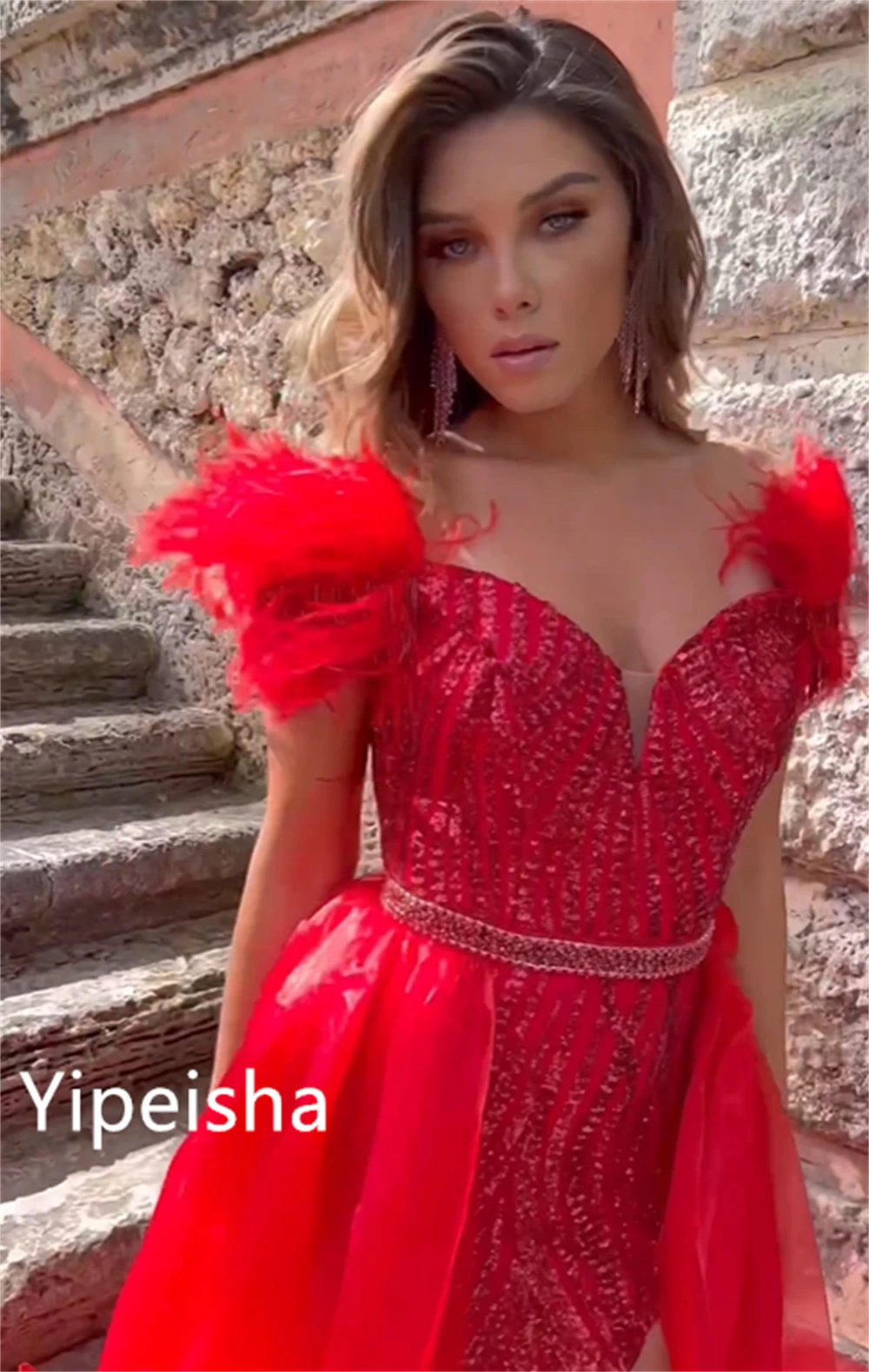 Yipeisha Elegant Sexy Off-the-shoulder Sheath Cocktail  Celebrity Feathers Sequin Fold Draped Satin  Dresses