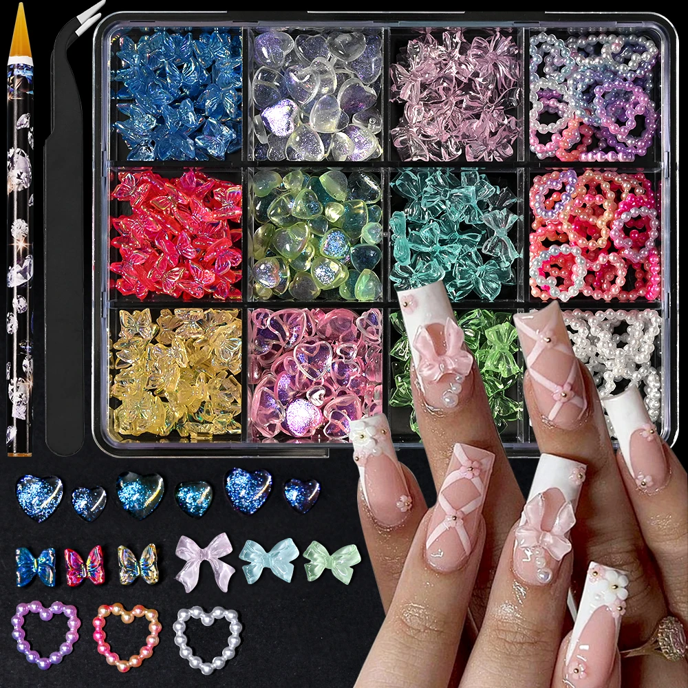 12Grids Nail Charms Kit with Tweezer & Dotting Pen 3D Aurora Bow Rhinestones Pearls Star Heart Bows Nails Jewels Manicure Parts