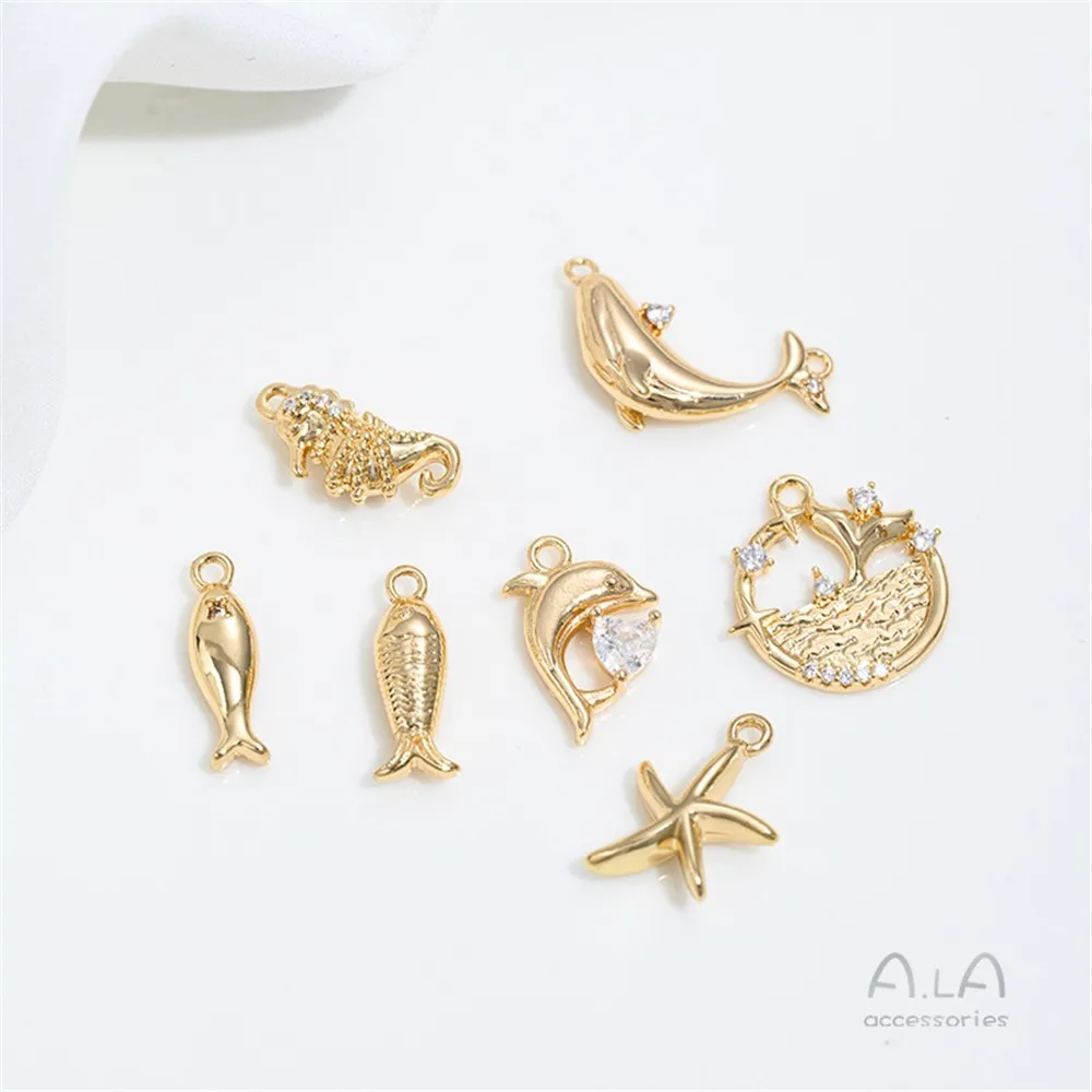 14K Gold-wrapped Marine Life Series Pendant Dolphin Starfish Conch Whale Pendant DIY Jewelry Accessories