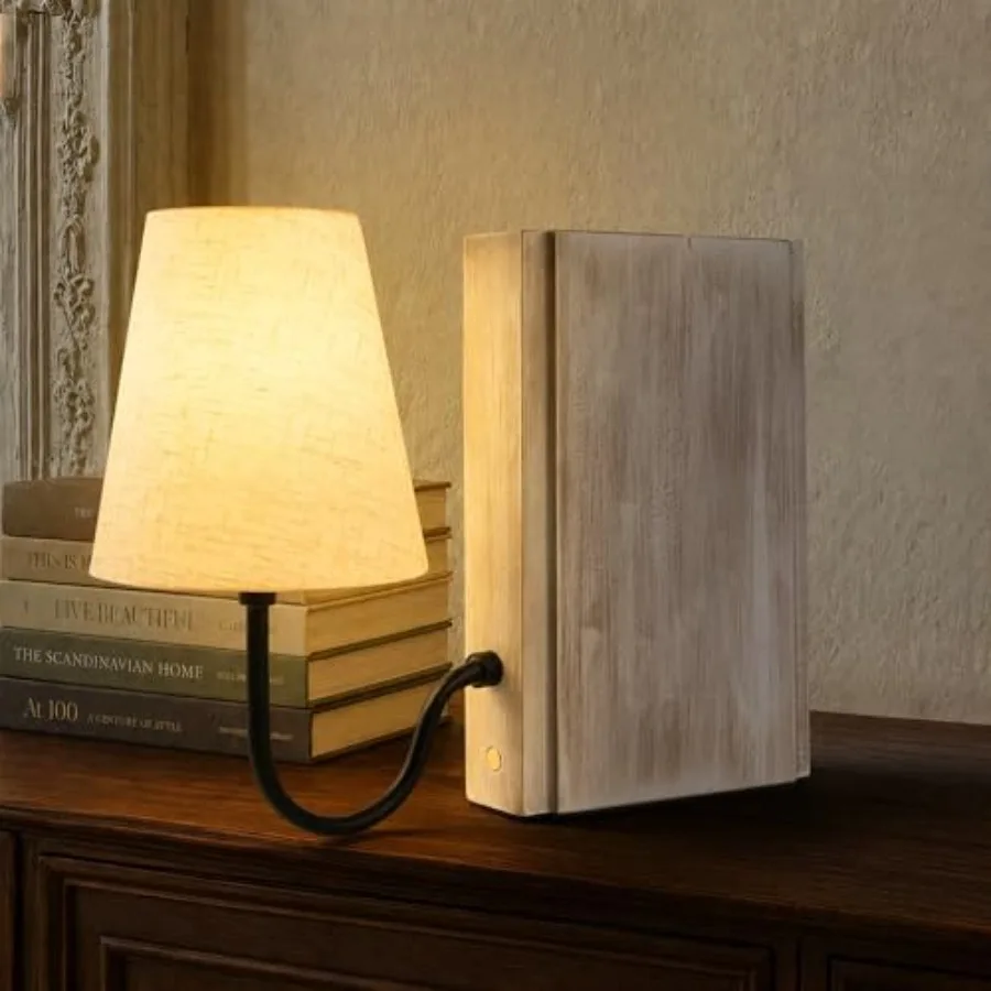 

Wooden Bookshelf Lamp with Bulb, 3-Color Touch Control Dimmable Table Lamp with Linen Shade, Modern Decorative Bookend Lamp for