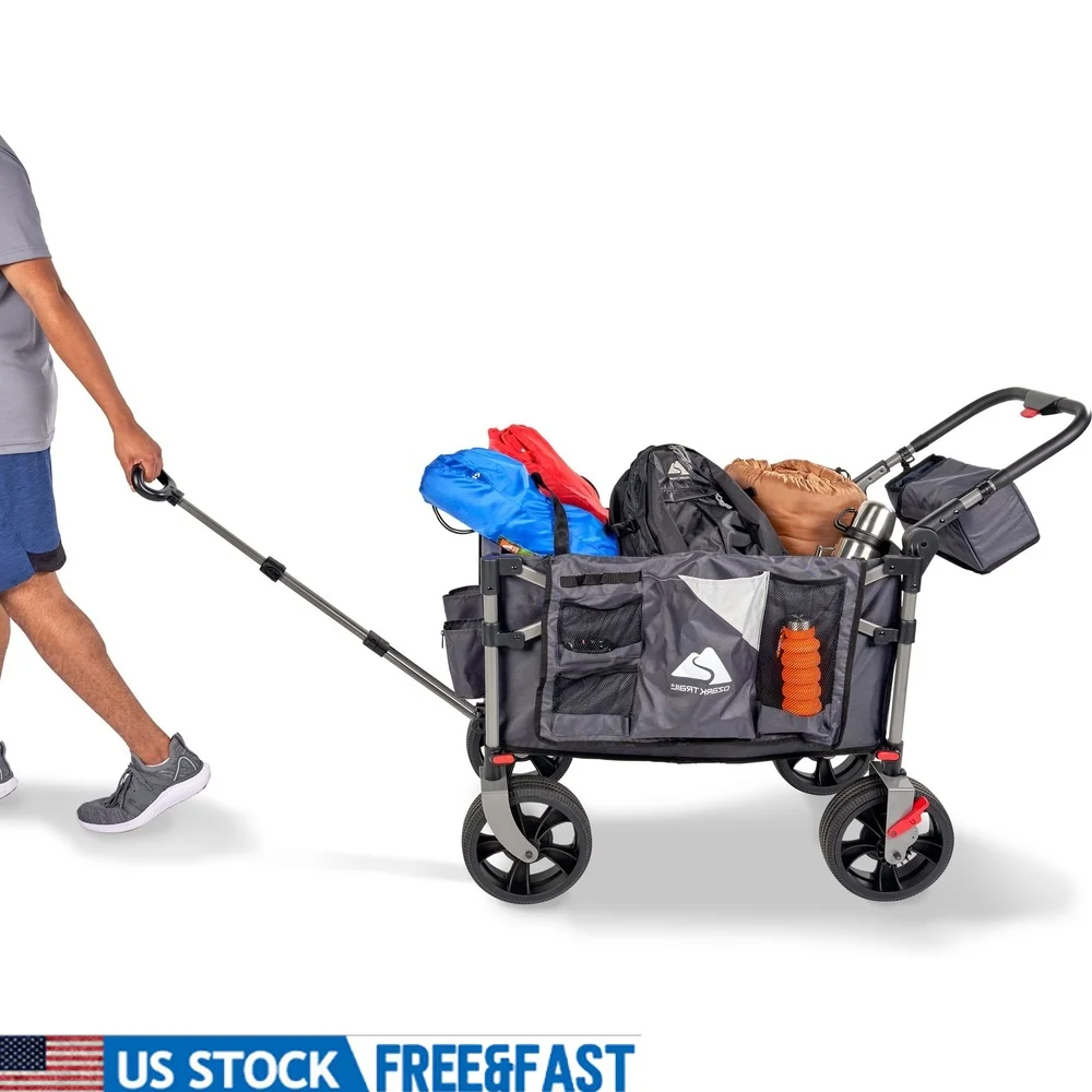 

All Terrain Foldable Push Pull Wagon Portable Utility Cart Adjustable Handle 300 lbs Capacity Quick Setup Camp Tailgate Storage