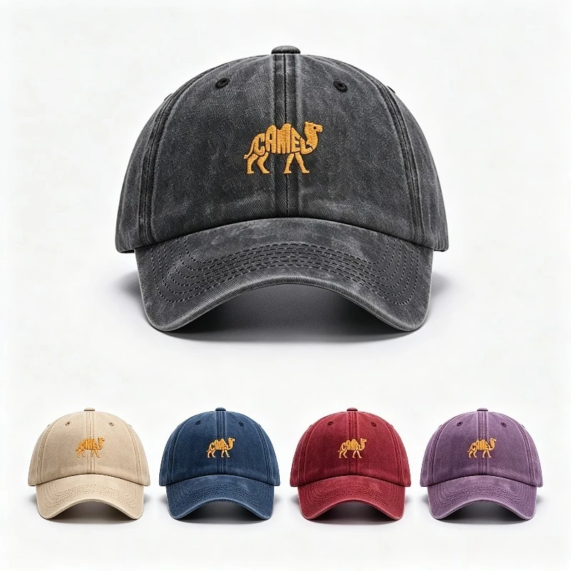 Camel Animal Embroidery Washed Distressed Baseball Cap Vintage Dad Hat Adjustable Curved Brim Sun Hat Unisex Casual Outdoor Cap