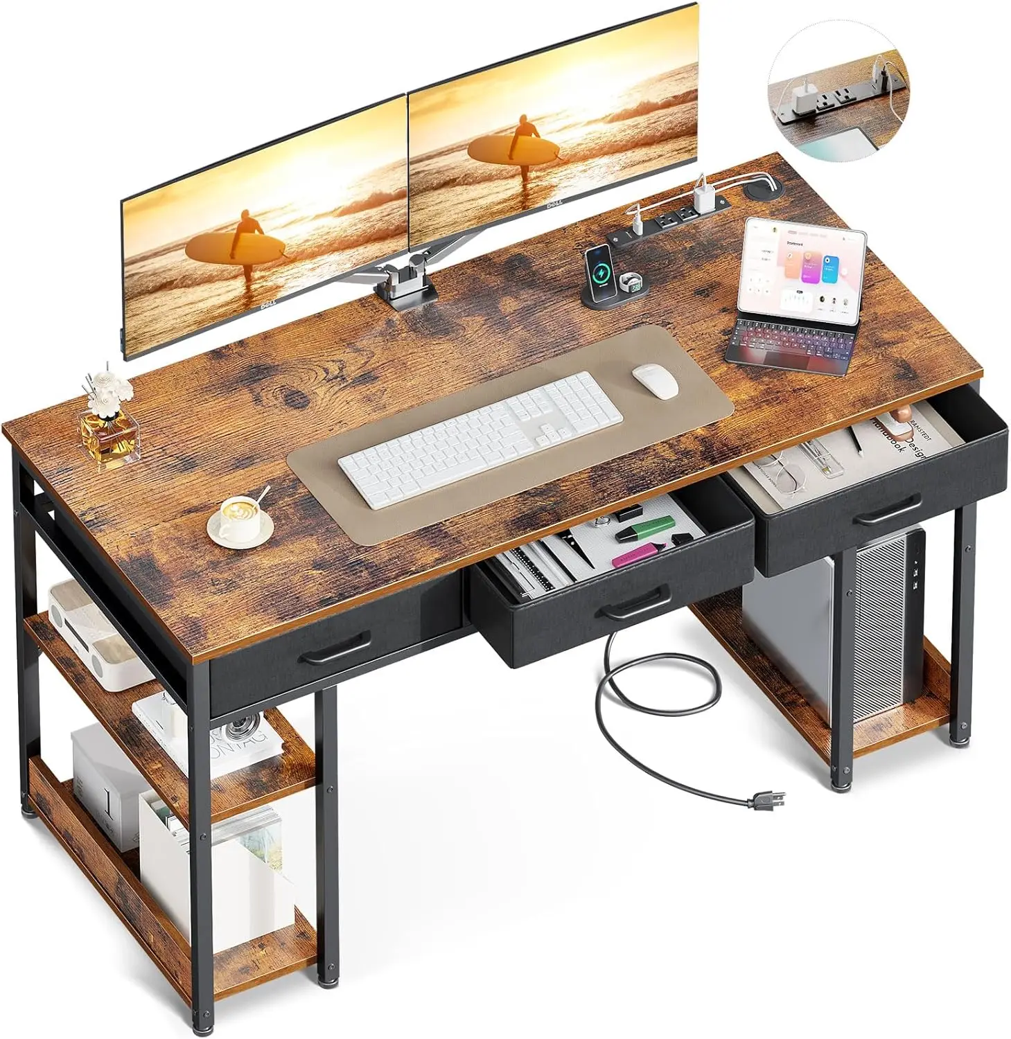 Office Desk with Fabric Drawers & Power Outlets, Computer Desk with Storage Shelves & CPU Stand, Study Table, Writing Desk