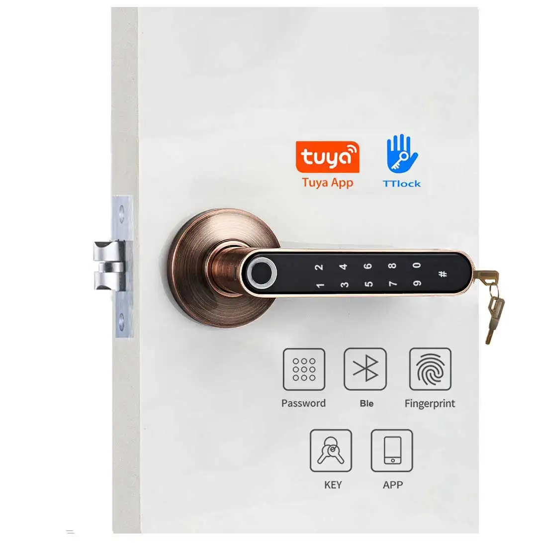 Tuya Smart Life App Wooden Door Lock Smart Fingerprint Portable Biometric Fingerprint Door Handle Lever Lock