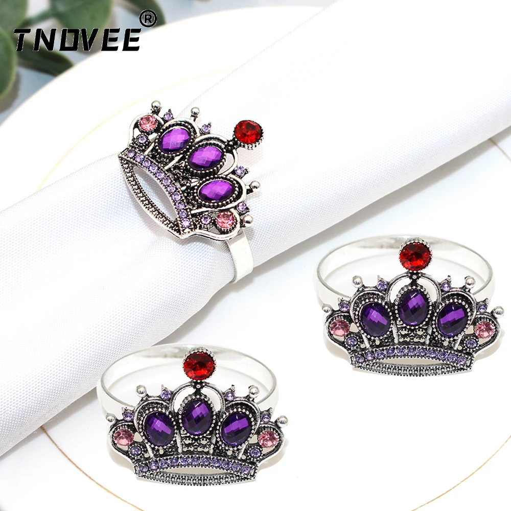 4Pcs Silver Napkin Rings Purple Rhinestone Crown Napkin Rings Holder for Wedding Bridal Baby  Shower Birthday Party Table Decor