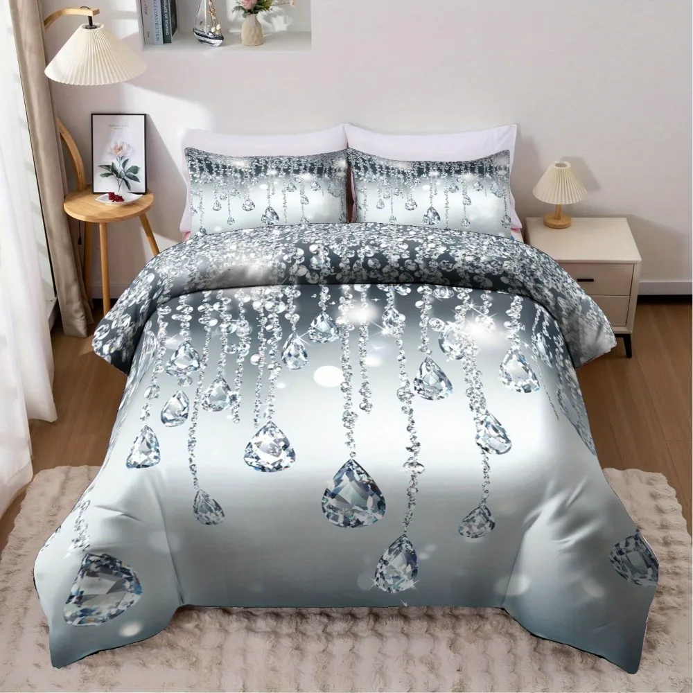 3pcs Bedding Set Shining Crystals Diamonds 3D Print Cozy Duvet Cover King Queen Twin Size Birthday Gift for Adult Bedroom Decor