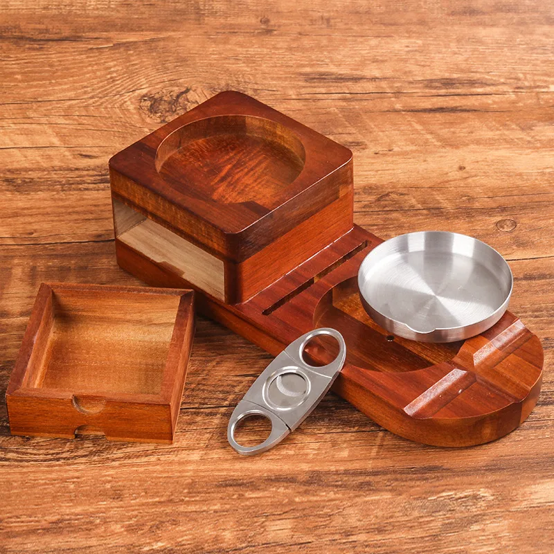 Multifunction Wooden Cigar Ashtray Solid Wood Coaster Wine Glass Tray Cigar Holder Ashtray With Cigar knife