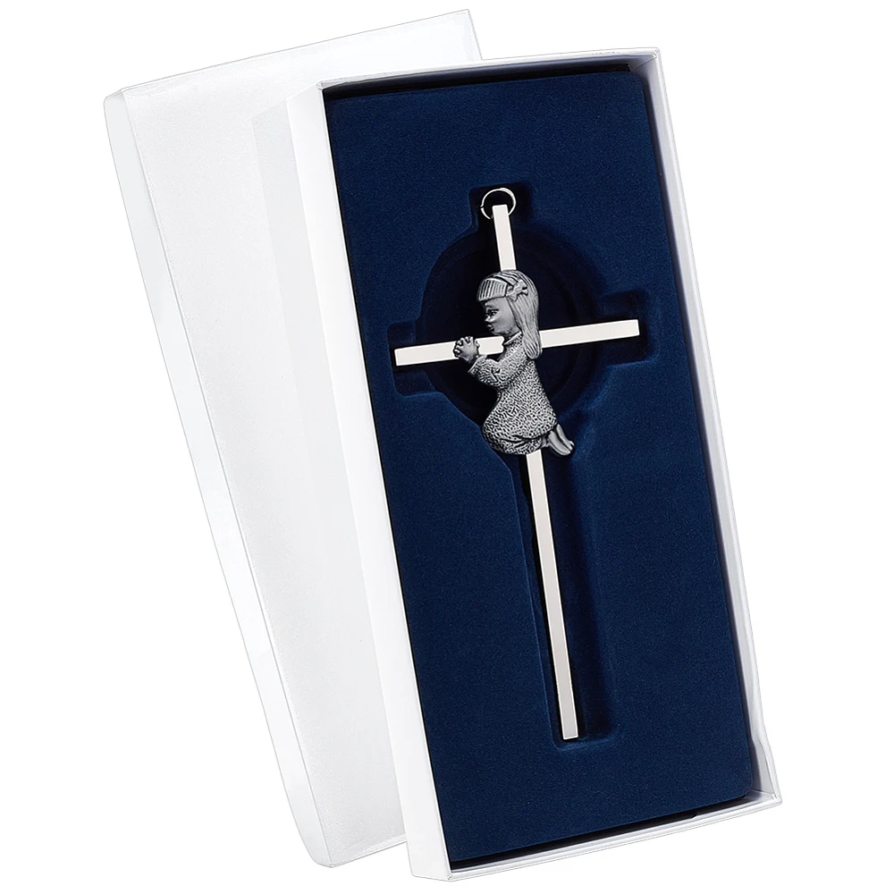 1pcs Wall Cross Baptism Gifts Silver Cross Pendant Alloy Big Cross with 3D Praying Girl Charm 6.1x3.03x1 Inch