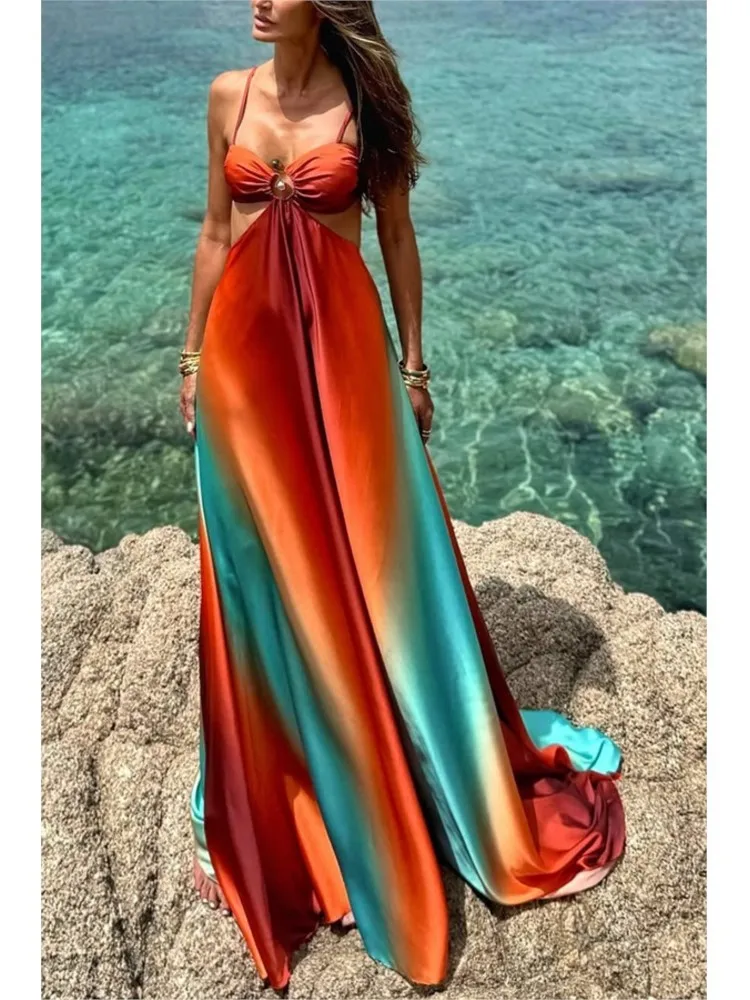 

Sexy Style Suspender Gradient Beach Skirt Women's Summer Island Style Elegant High Waist Sleeveless Hollow Casual Dresses