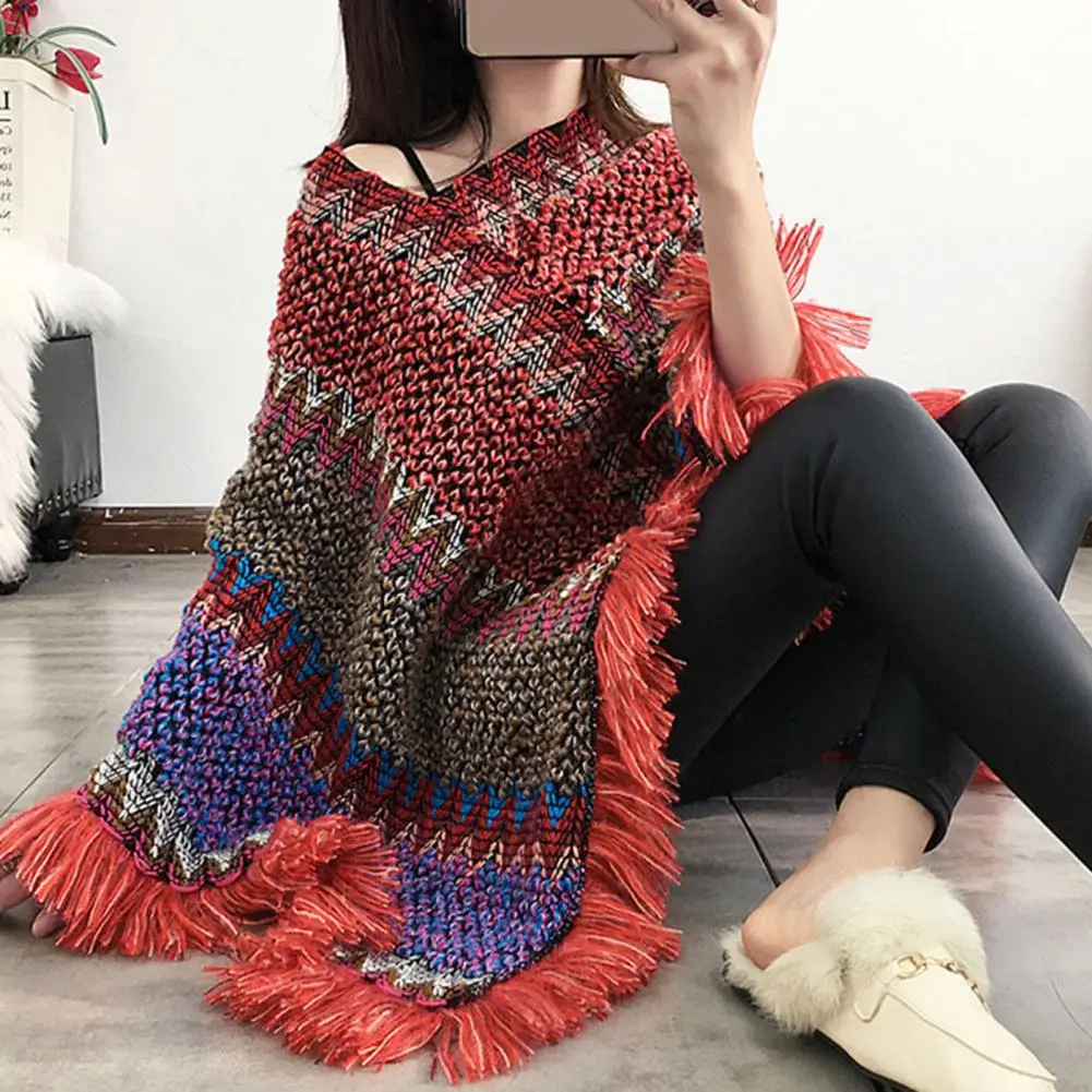 Thickened Warm Knitted Tassel Cape Coat Elegant Fringe Poncho Cape Coat V Neck Colorful Irregular Hem Sweater Cloak Loose Poncho