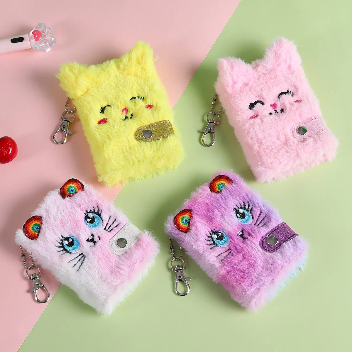 Cute Cat Plush Notebook For Girls Kawaii Pendant Keychain Furry Cats Notebook Daily Journal Book Note Pad Stationery Gifts