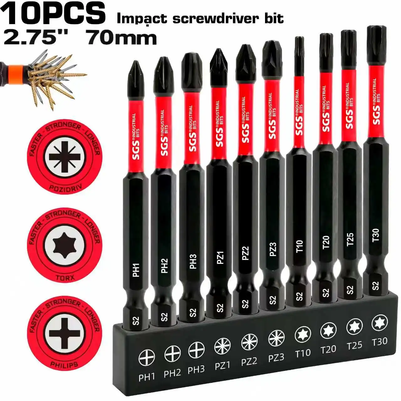 10-Piece Set of 50/70mm Mixed Screwdriver Bits, Phillips / Torx / Torx Star Magnetic Bits, S2 Alloy Steel Industrial-Grade Impact-Resistant Electric Screwdriver Accessories